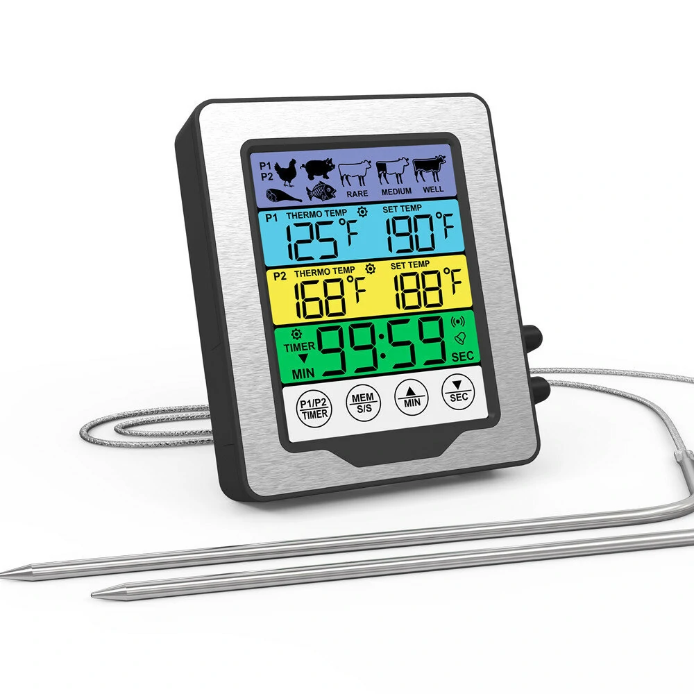 Dual Probe Large Colorful Touchscreen Food Meat Thermometer Kitchen Cooking BBQ Thermometer High Temperature Alarm Fahrenheit or Celsius Preset Temperature With Stand (image for) Dual Probe Large Colorful Touchscreen Food Meat Thermometer Kitchen Cooking BBQ Thermometer High Temperature Alarm Fahrenheit or Celsius Preset Temperature With Stand